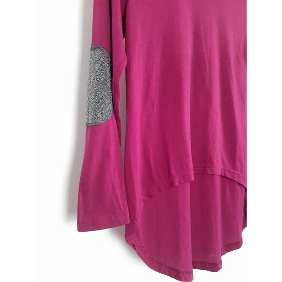 Silver Sequin Elbow Patch Fuchsia Hi-Low Hem Long Sleeve Top Size Medium - Picture 6 of 11